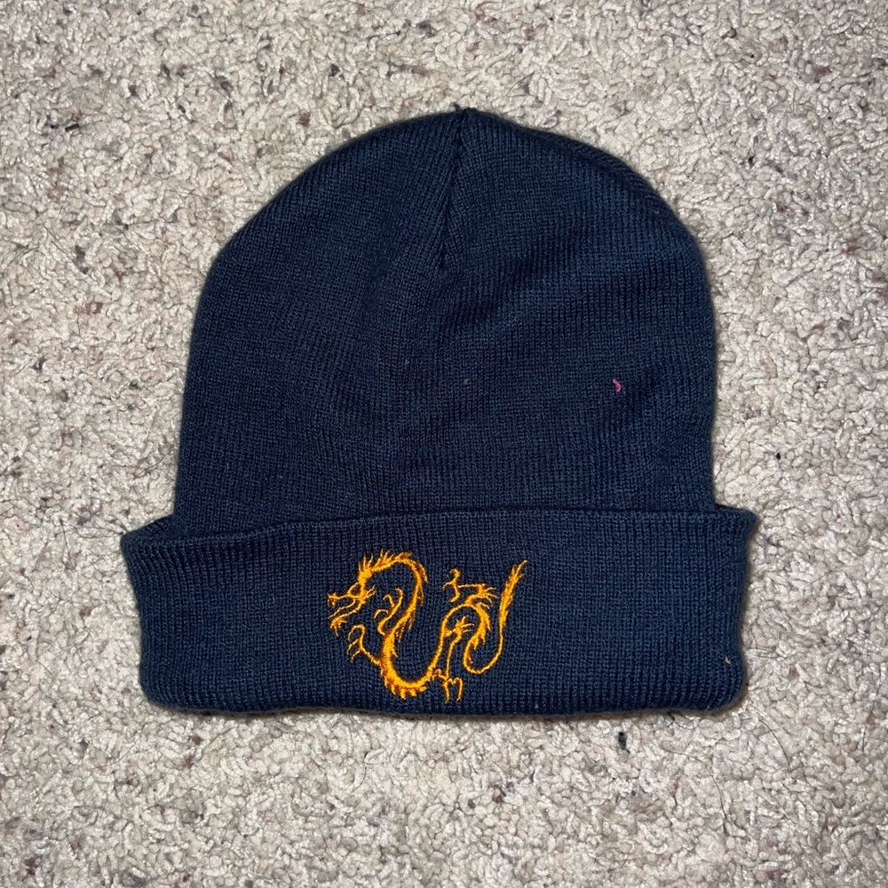 Dark Blue w/ Embroidered Orange Dragon Beanie